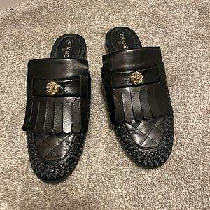 Bagsaaa Chanel Black Braided Leather Lion Fringe Flat Mules