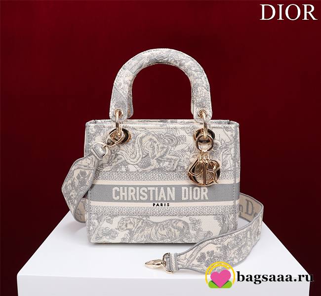 Bagsaaa Dior Medium Dioriviera Lady D-Lite Bag Gray Toile de Jouy Embroidery - 24 x 21 x 12 cm - 1