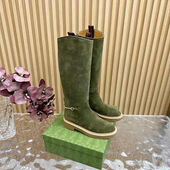 Bagsaaa Gucci Women's slim Horsebit boot green suede