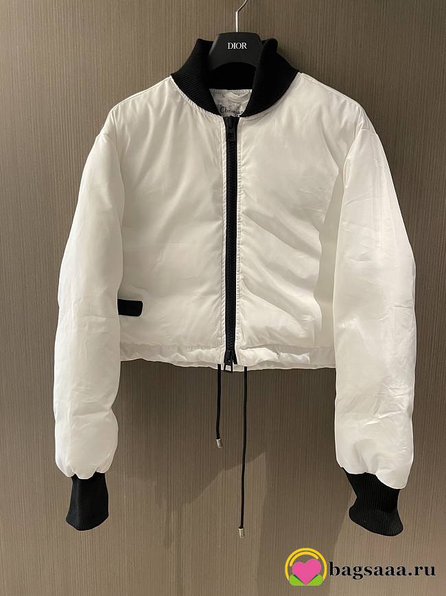 Bagsaaa DiorAlps Cropped Bomber Jacket White Padded Technical Taffeta with Black Miss Dior Graffiti Motif - 1