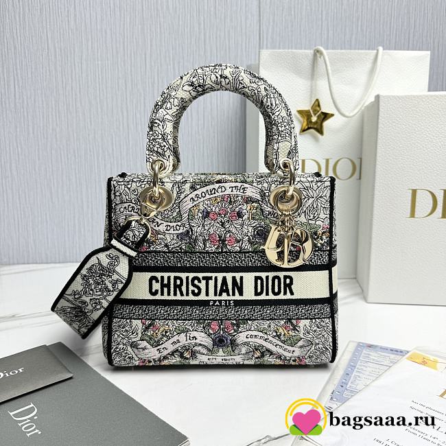 Bagsaaa Dior Medium Lady D-Lite Bag Latte Embroidery with Multicolor Dior Around the World Motif - 24 x 21 x 12 cm - 1