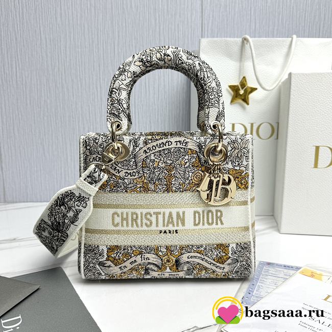 Bagsaaa Dior Medium Lady D-Lite Bag Latte Embroidery with Gold-Tone Dior Around the World Motif - 24 x 21 x 12 cm - 1