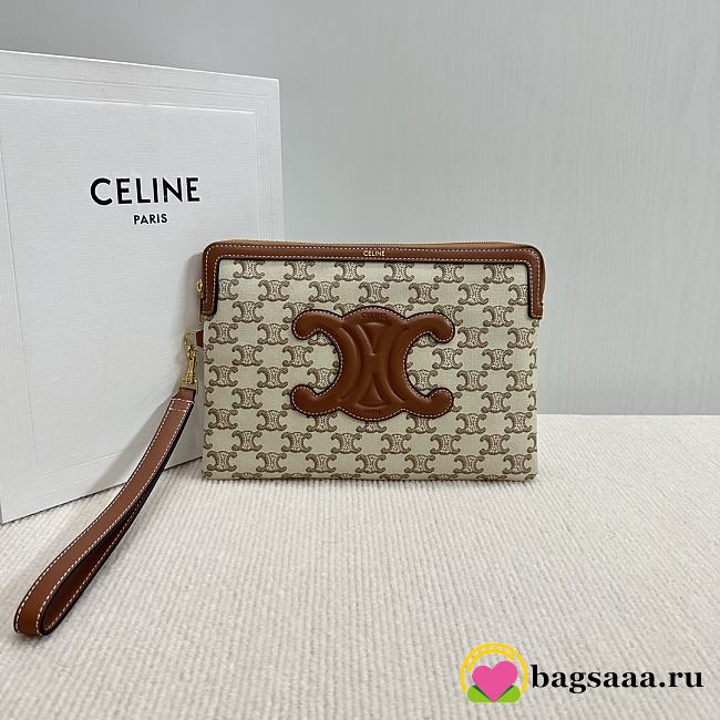 Bagsaaa Celine Small Pouch With Strap In Textile With Triomphe Print And Calfskin - 25 x 17.5 x 1 CM - 1