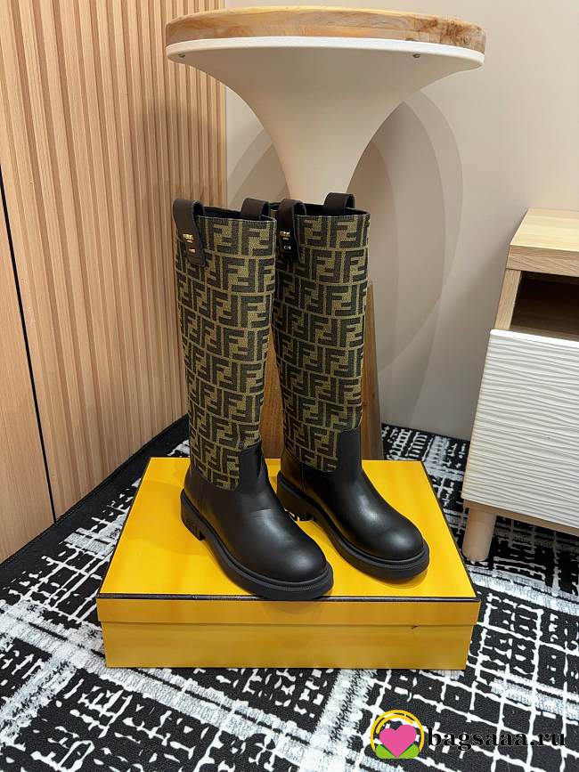 Bagsaaa Fendi Filo Black leather and brown FF fabric boots - 1