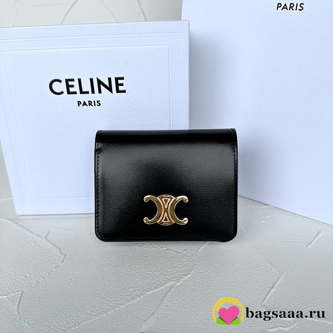 Bagsaaa Celine Triomphe Compact Wallet In Shiny Calfskin Black - 11 x 9 x 3 CM - 1