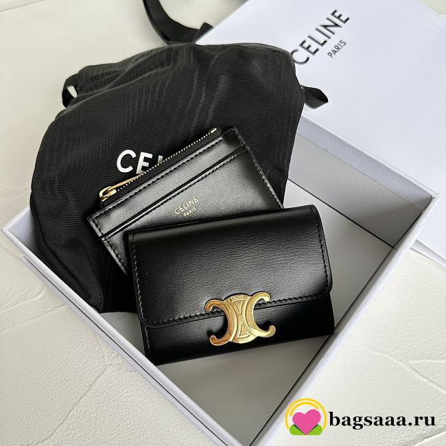 Bagsaaa Celine Compact Wallet With Coin Triomphe In Shiny Calfskin Black - 10cm - 1