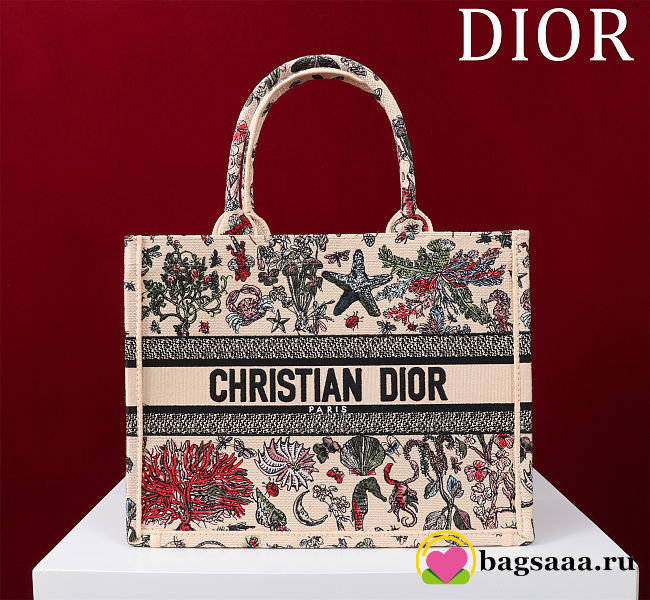 Bagsaaa Medium Dior Book Tote Beige Raffia Embroidered with Multicolor Dior Cabinet de Curiosités Motif - 36 x 27.5 x 16.5 cm - 1