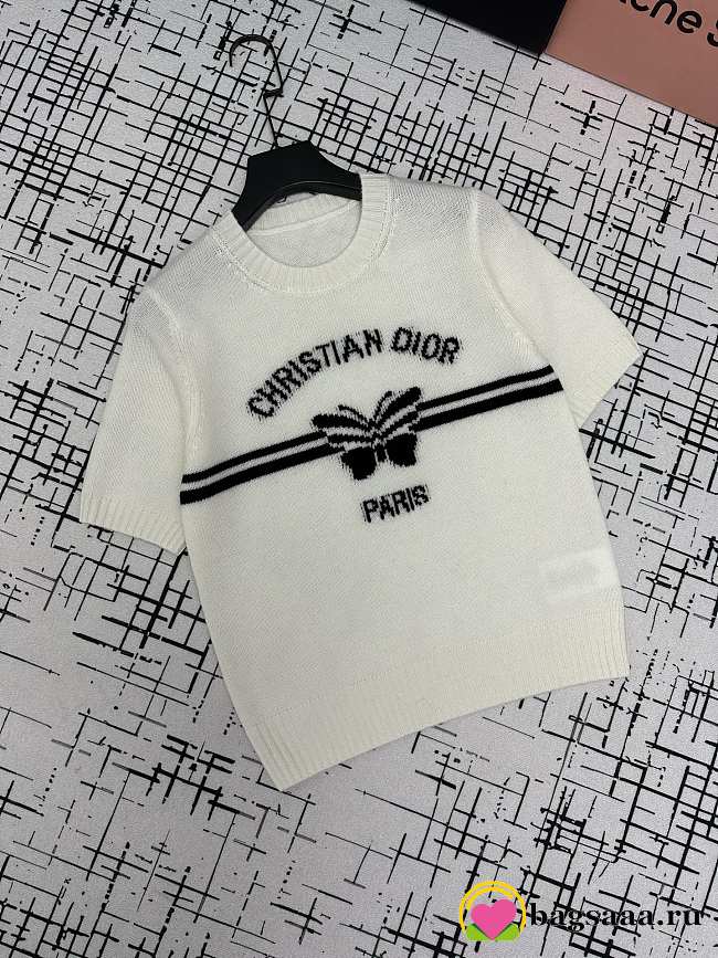 Bagsaaa Dior Short-Sleeved Sweater White Cashmere Knit with Black Christian Dior Papillon Motif - 1