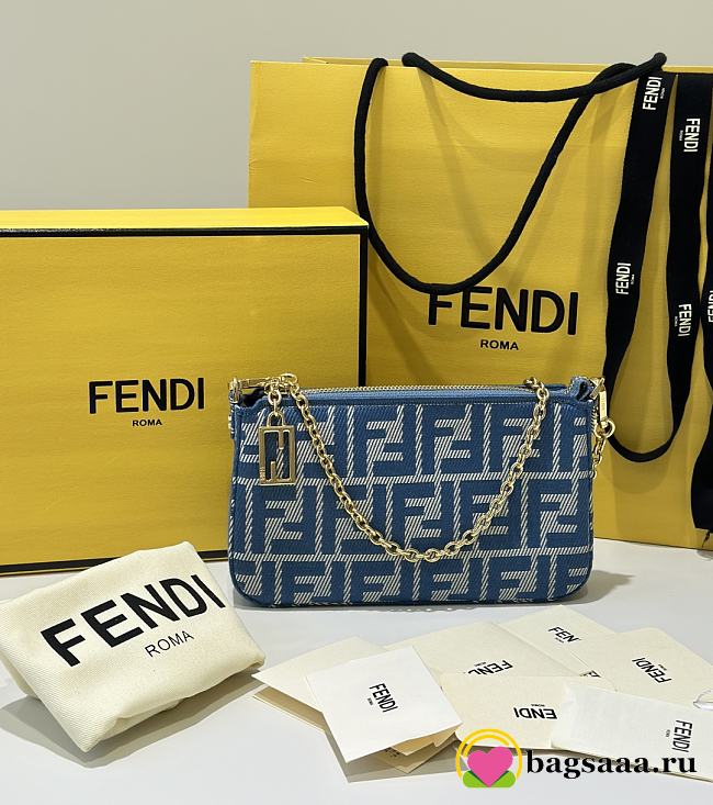 Bagsaaa Fendi Baguette Pouch Blue denim-effect FF jacquard charm pouch with chain - 20cm - 1