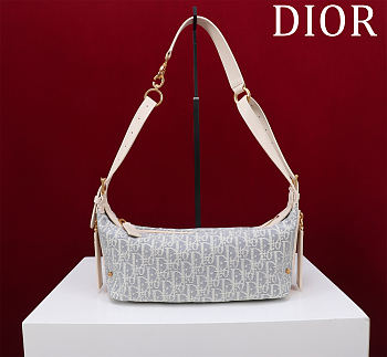 Bagsaaa Small D-Journey Bag Blue Dior Oblique Chambray with Raffia Effect and Light Biscuit Smooth Calfskin - 25.5cm