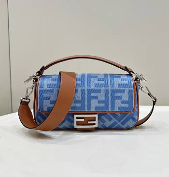 Bagsaaa Fendi Blue Baguette Ff Embroidered Denim Tote Bag - 27cm