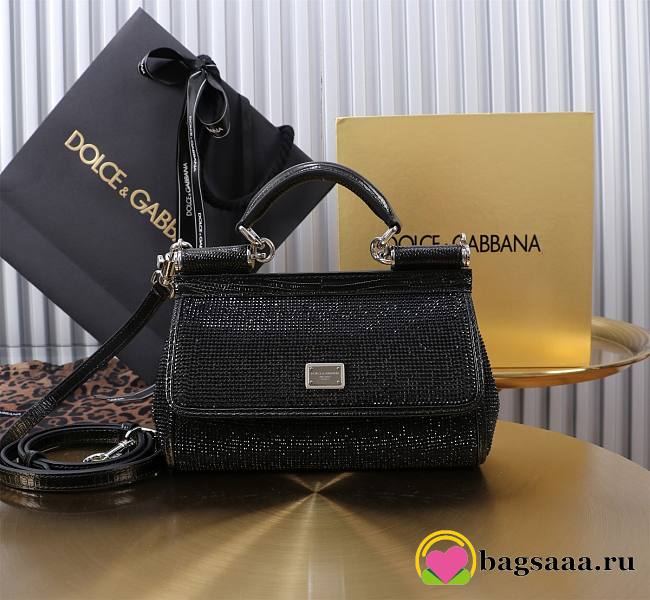 Bagsaaa Small Sicily bag in satin with all-over rhinestones black - 19cm - 1