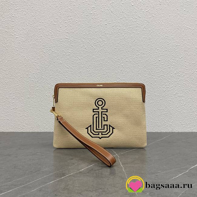 Bagsaaa Celine Small Pochette With Fabric Strap With Anchor Embroidery And Calfskin - 25cm - 1