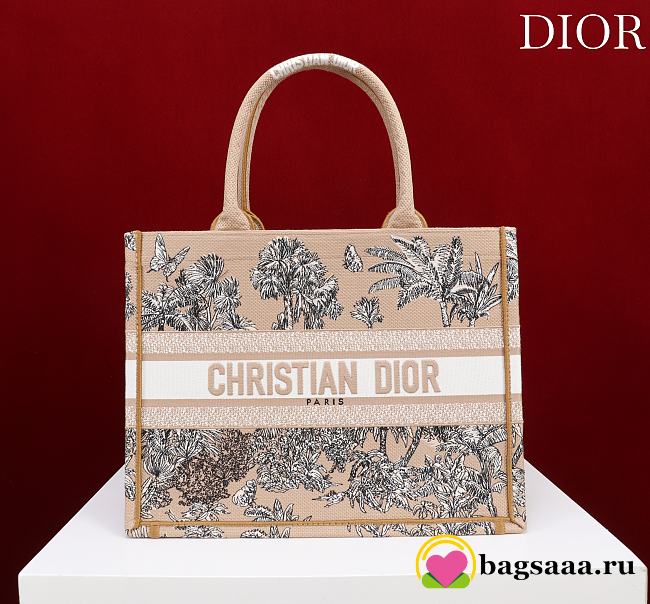 Bagsaaa Dioriviera Medium Dior Book Tote Beige and White Toile de Jouy Palms Embroidery - 36cm - 1