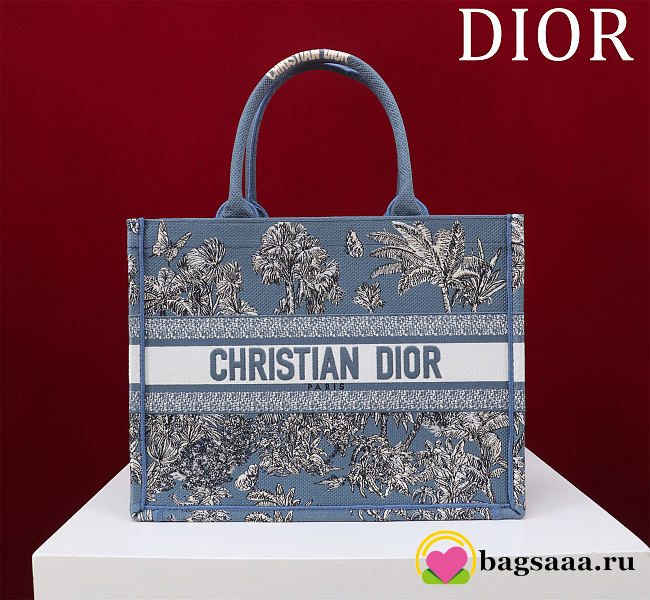 Dioriviera Medium Dior Book Tote Celestial Blue and White Toile de Jouy Palms Embroidery - 36cm - 1