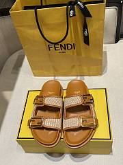 Bagsaaa Fendi Beige/Brown Woven Raffia and Leather FF Buckle Slides - 1