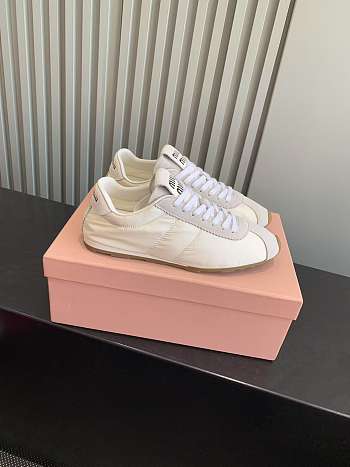 Bagsaaa Miu Miu Plume technical fabric and suede sneakers white