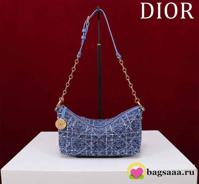 Bagsaaa Diorstar Hobo Bag with Chain Denim Blue Tweed with White Cannage Motif - 22cm - 1