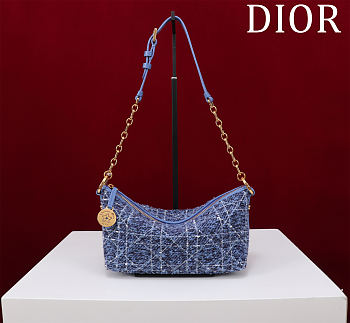 Bagsaaa Diorstar Hobo Bag with Chain Denim Blue Tweed with White Cannage Motif - 22cm