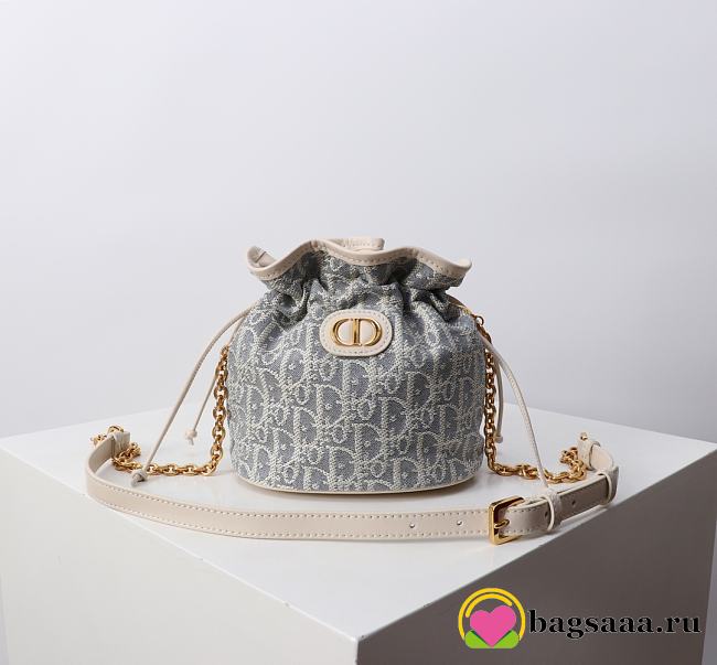 Bagsaaa Dior 30 Montaigne Mini Bucket Bag with Drawstring Blue Dior Oblique Chambray with Raffia Effect - 18.5cm - 1
