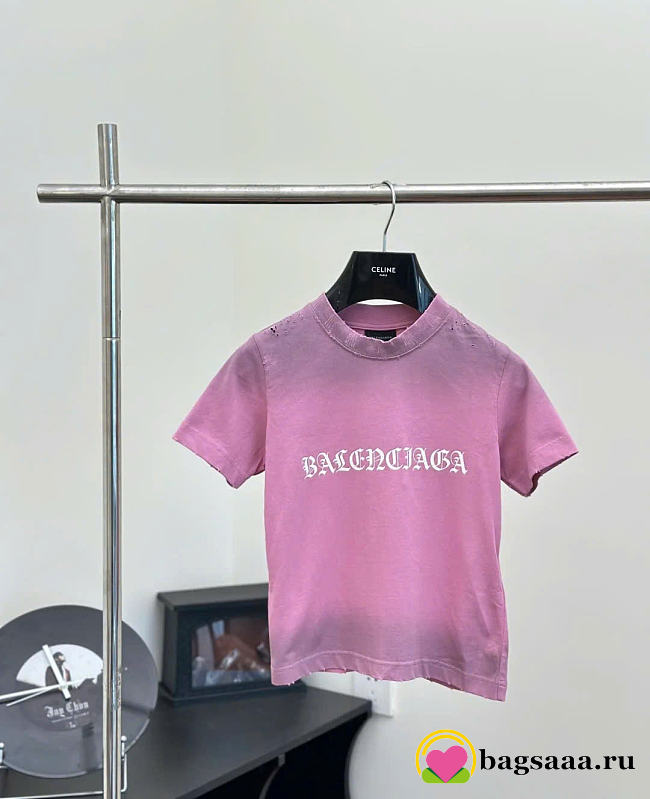 Bagsaaa BALENCIAGA Cropped distressed logo-print pink - 1