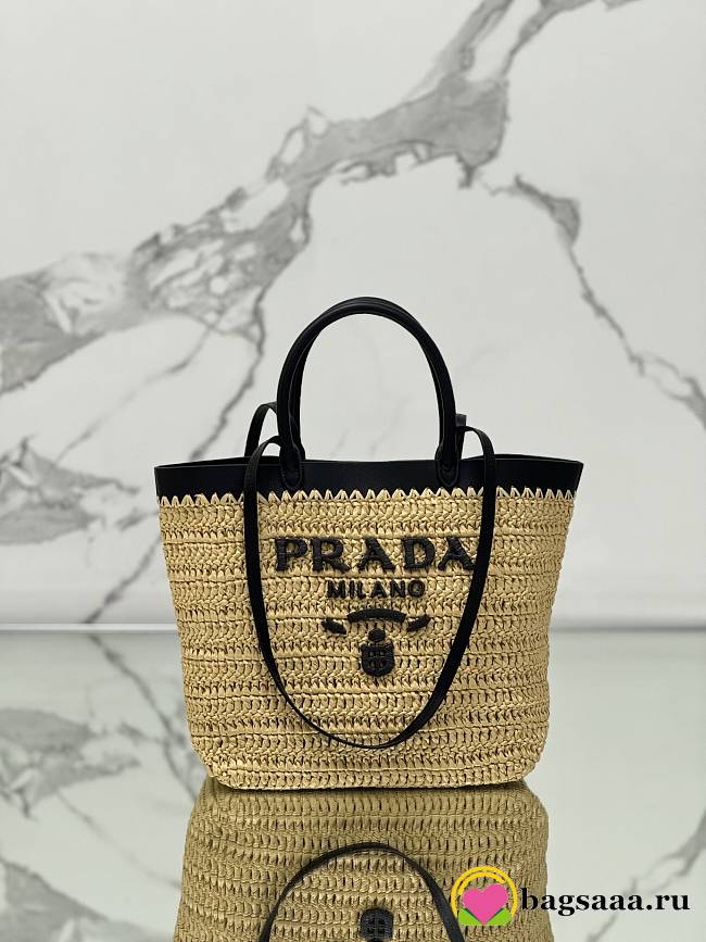 Bagsaaa Prada Small crochet and leather tote bag 1BG500 Tan/Black - 26cm - 1