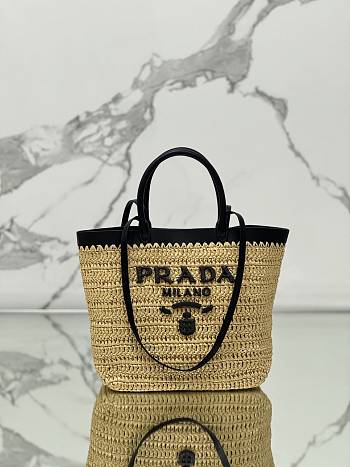 Bagsaaa Prada Small crochet and leather tote bag 1BG500 Tan/Black - 26cm