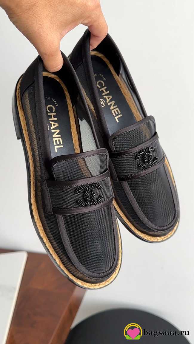 Bagsaaa Chanel Pearl Logo Black Mesh Loafer - 1