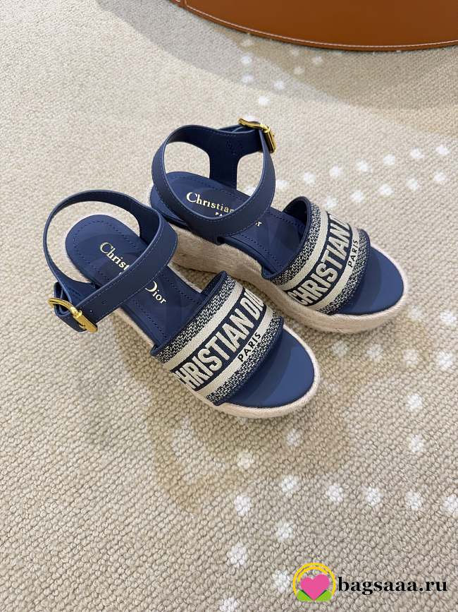Bagsaaa Dior Dway Wedge Sandal Deep Blue Calfskin and Embroidered Cotton - 1