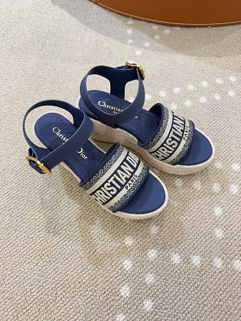 Bagsaaa Dior Dway Wedge Sandal Deep Blue Calfskin and Embroidered Cotton