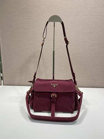Bagsaaa Prada Explore medium suede shoulder bag with flap Burgundy 1BD394 - 30cm