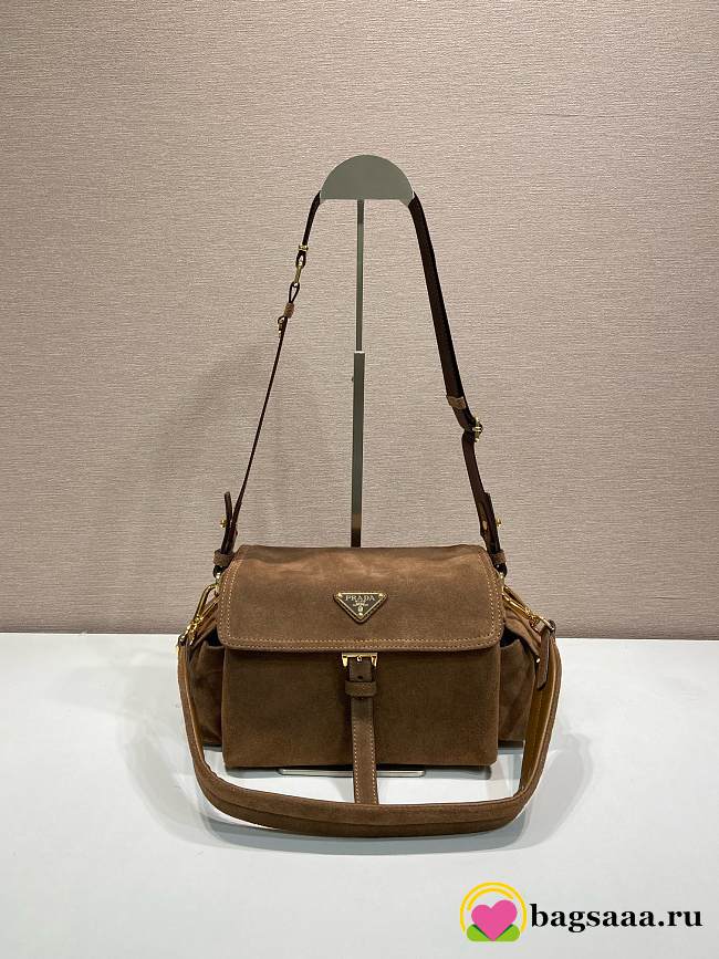 Bagsaaa Prada Explore medium suede shoulder bag with flap Brown 1BD394 - 30cm - 1
