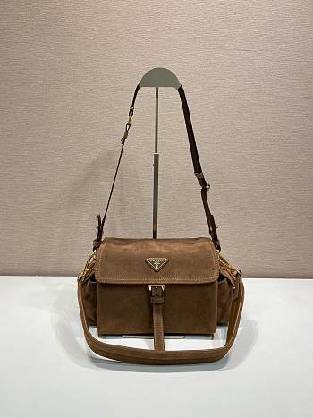 Bagsaaa Prada Explore medium suede shoulder bag with flap Brown 1BD394 - 30cm