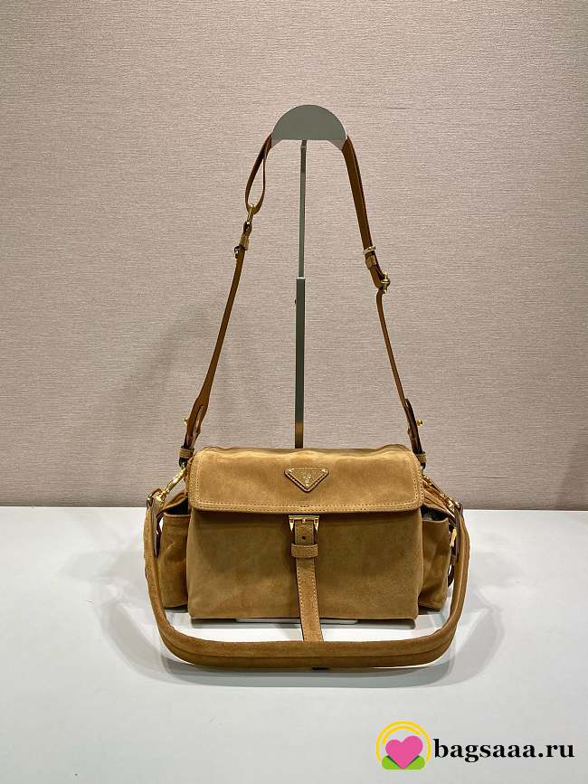 Bagsaaa Prada Explore medium suede shoulder bag with flap Beige 1BD394 - 30cm - 1