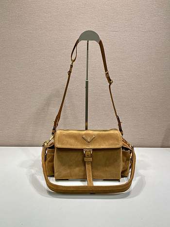 Bagsaaa Prada Explore medium suede shoulder bag with flap Beige 1BD394 - 30cm