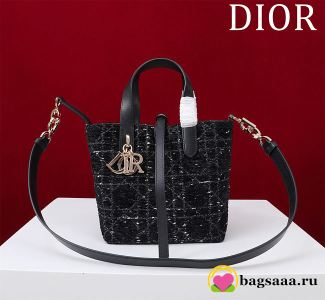 Bagsaaa Small Dior Toujours Vertical Tote Bag Black Tweed with White Cannage Motif - 18.5cm - 1
