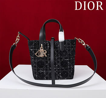 Bagsaaa Small Dior Toujours Vertical Tote Bag Black Tweed with White Cannage Motif - 18.5cm