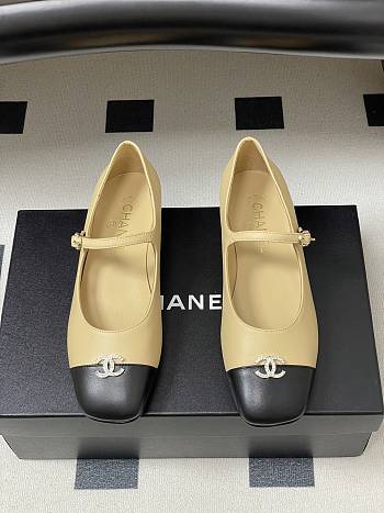 Bagsaaa Chanel black & beige Mary Jane flats with crystal-embellished CC
