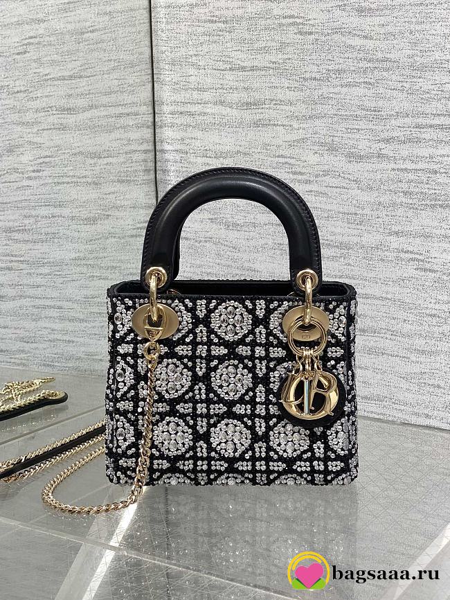 Bagsaaa Mini Lady Dior Bag Cannage Embroidery with Black Beads and Silver-Tone Strass - 17cm - 1