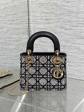 Bagsaaa Mini Lady Dior Bag Cannage Embroidery with Black Beads and Silver-Tone Strass - 17cm