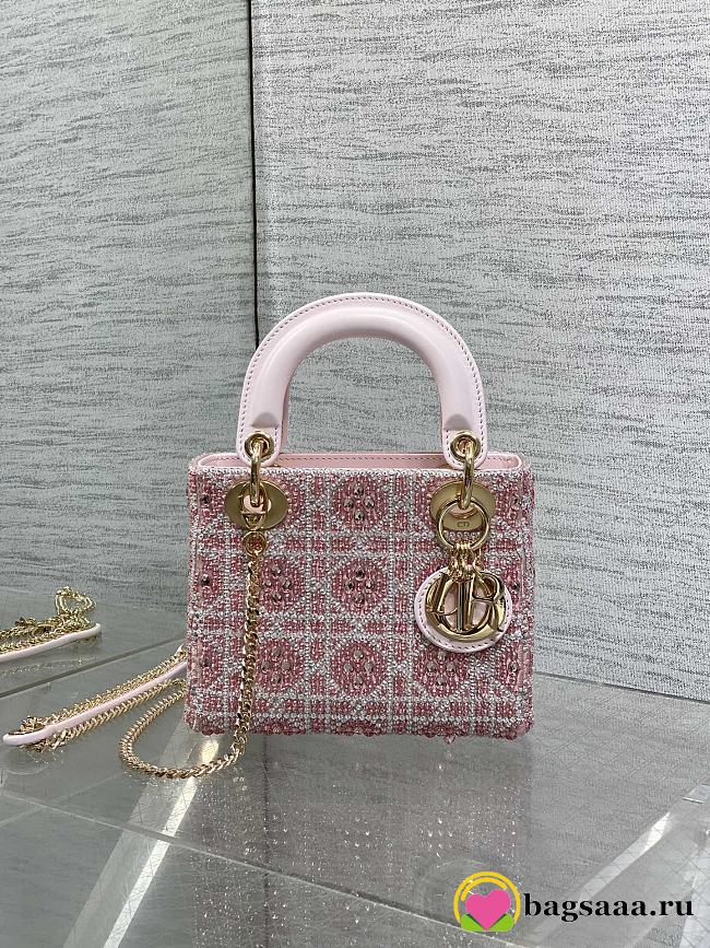 Bagsaaa Mini Lady Dior Bag Cannage Embroidery with Pink Beads and Silver-Tone Strass - 17cm - 1