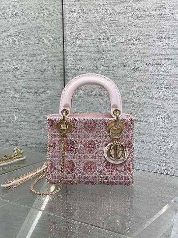 Bagsaaa Mini Lady Dior Bag Cannage Embroidery with Pink Beads and Silver-Tone Strass - 17cm