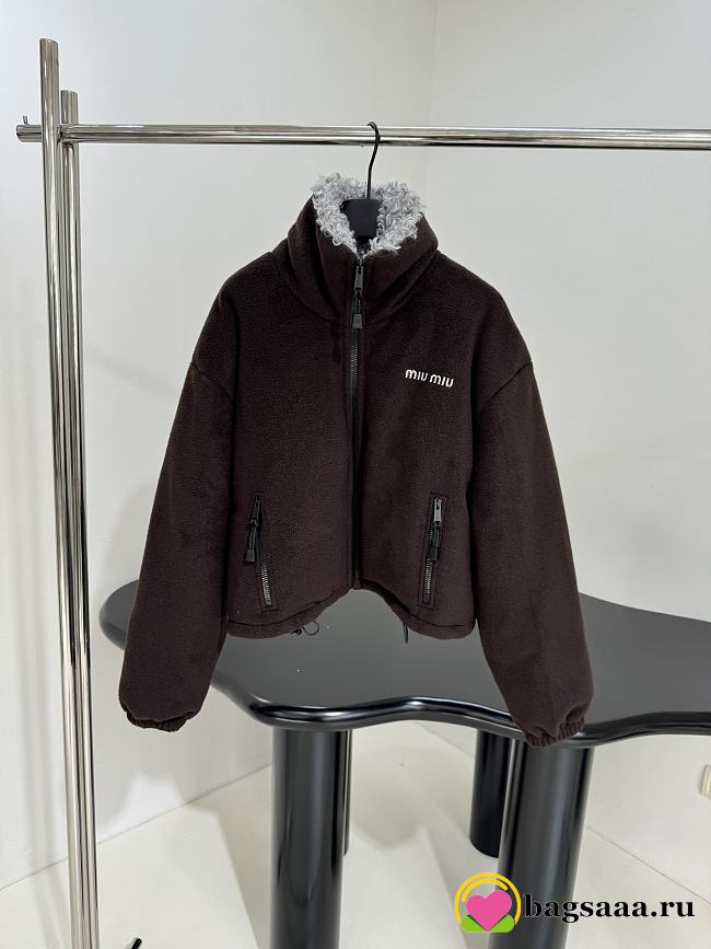Bagsaaa Miu Miu fleece down jacket in ebony with a fur-lined collar dark brown - 1