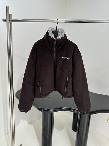 Bagsaaa Miu Miu fleece down jacket in ebony with a fur-lined collar dark brown