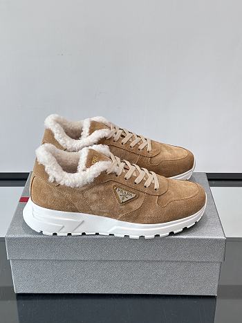 Bagsaaa Prada Prax suede sneakers with shearling trim beige