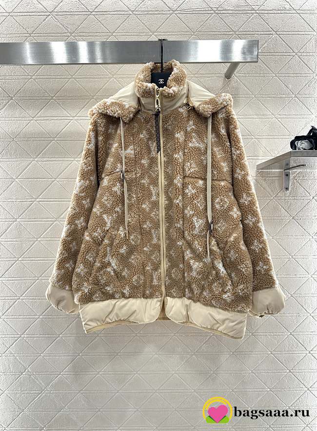Bagsaaa LV Monogram Fleece Hooded Jacket Light Brown - 1