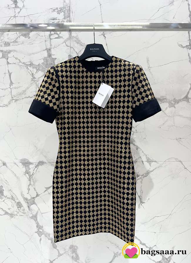 Bagsaaa Balmain short-sleeve mini dress with black and gold diamond - 1