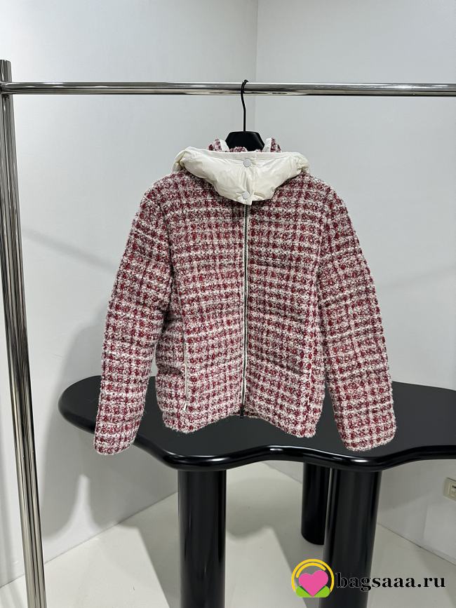 Bagsaaa Moncler Andronne tweed hooded short down jacket in white and red - 1