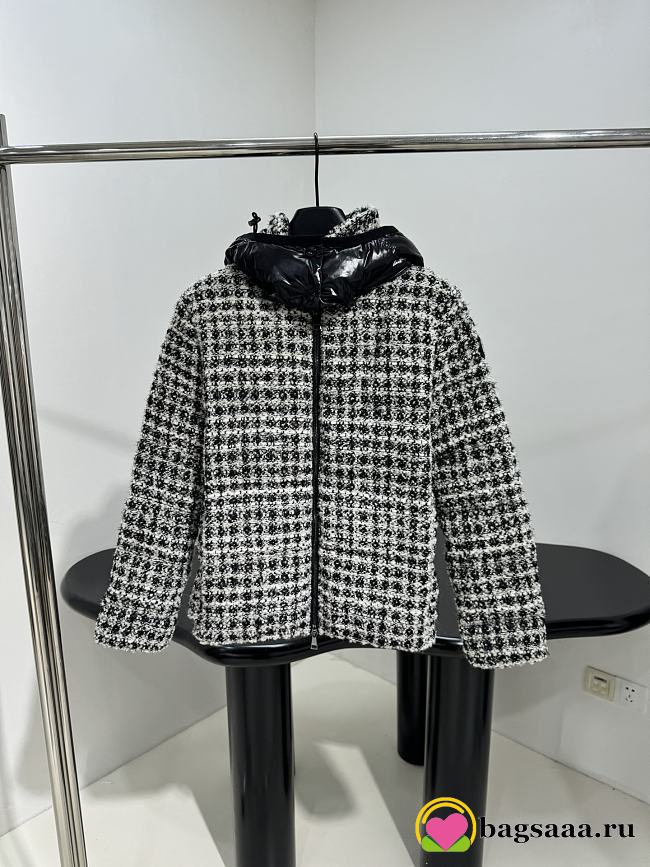 Moncler Andronne tweed hooded short down jacket in white and black - 1