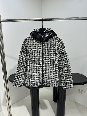 Moncler Andronne tweed hooded short down jacket in white and black